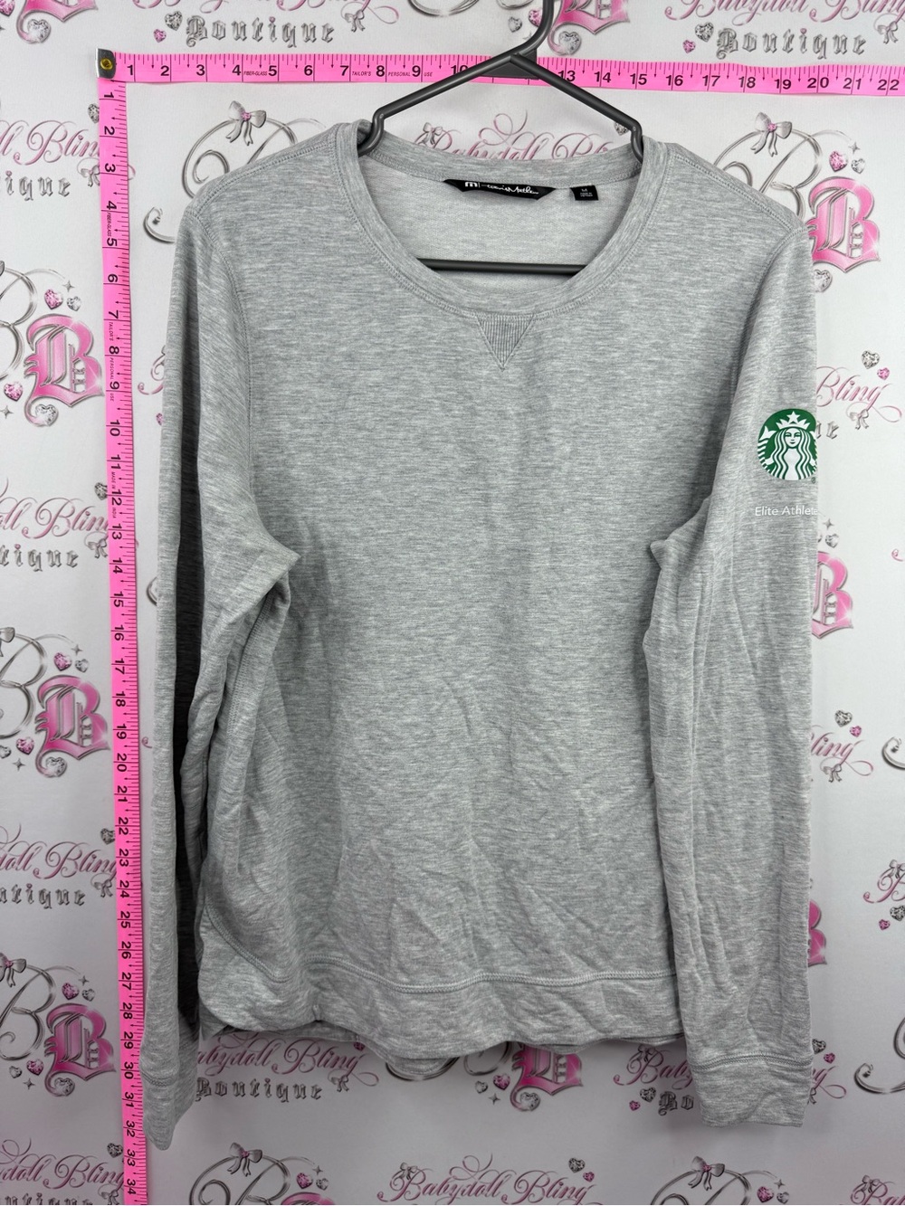 Travis Mathew Starbucks Light Gray Crewneck Sweatshirt with Green Logo Sleeve